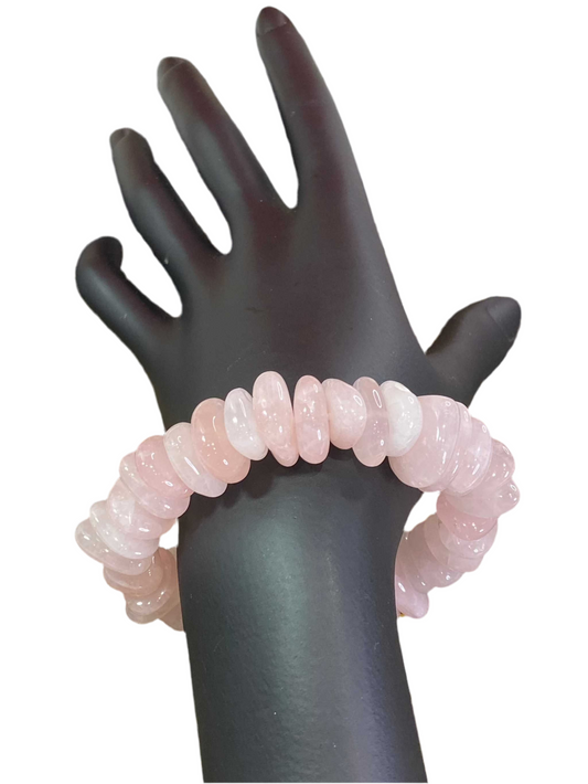 Rose Quartz Chunky Tumbled Chips Bracelet for love and healing on mannequin hand.