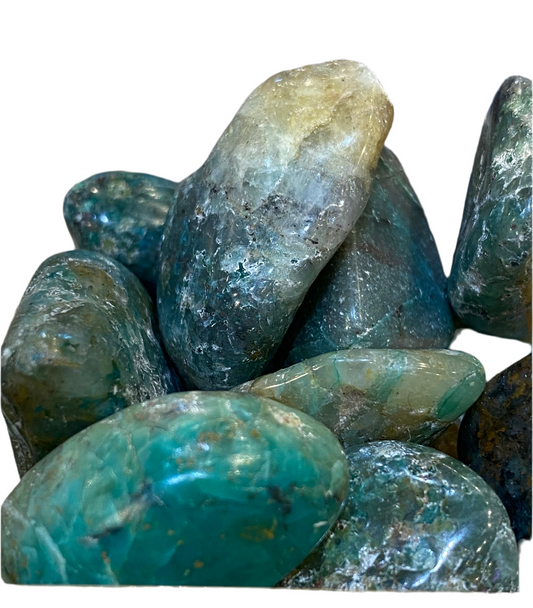 Large polished chrysocolla tumble stones for harmony and strength.