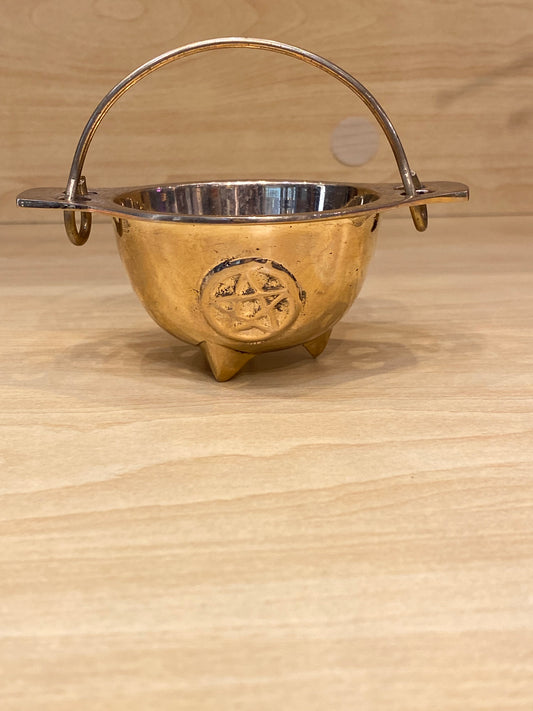 Brass Gold Cauldron With Engraved Pentacle and Handle