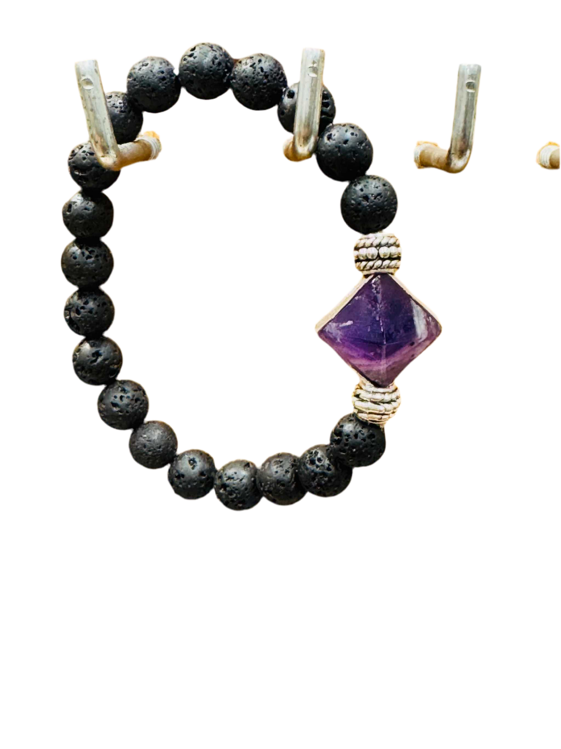 Lava Rock Gemstone Bracelet With Amethyst Pyramid