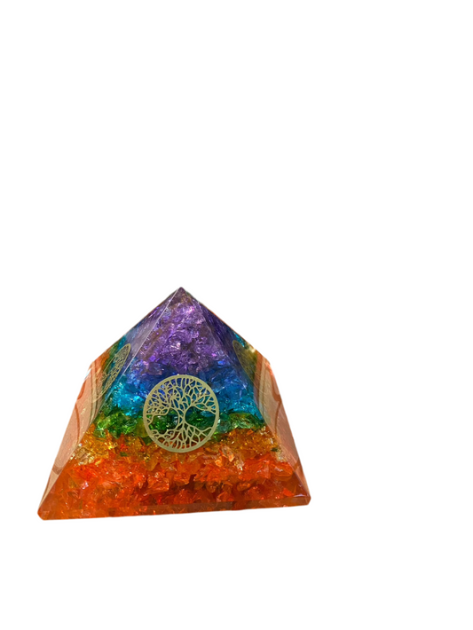Seven Chakra Orgonite Pyramid with Agate Chips and Tree of Life Symbol for energy balance and harmony.