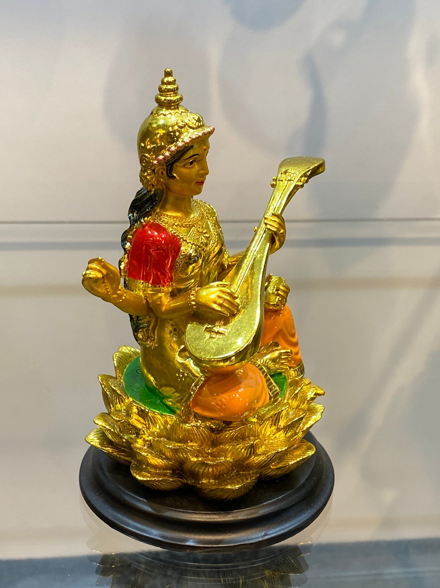 Feng Shui Gold Colored Saraswati on Lotus Small 3”Statue Hindu Goddess of Knowledge Deity Icon