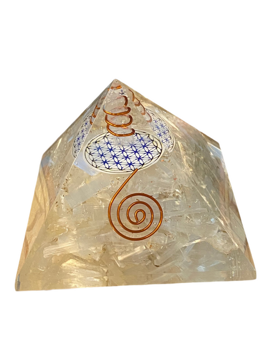 Orgonite pyramid large selenite with clear quartz, flower of life talisman, swirl coil, gold dust design.