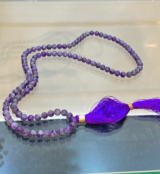 Chevron Amethyst Prayer Mala Beads With Purple Tassle