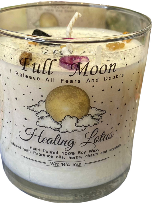Full Moon Candle with crystals and soy wax for rituals and manifestation.
