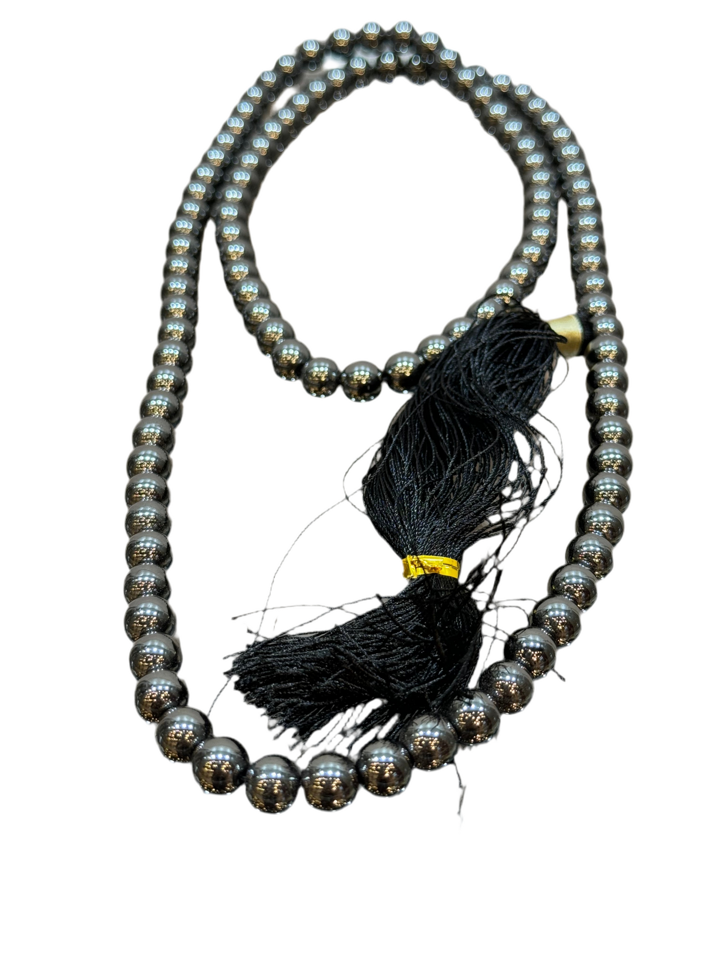 Hematite handmade prayer mala with black tassel for meditation and spiritual growth.