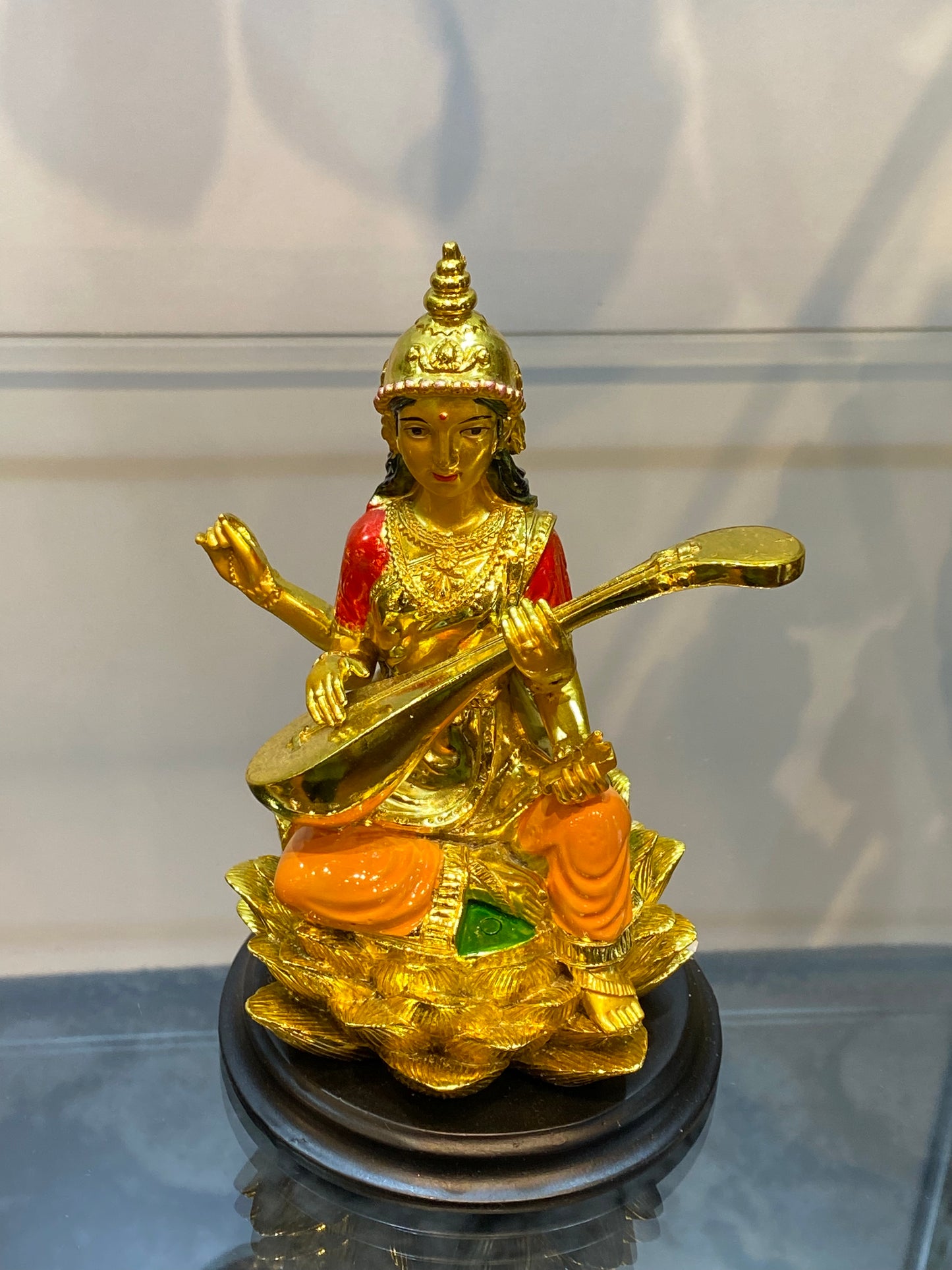 Feng Shui Gold Colored Saraswati on Lotus Small 3”Statue Hindu Goddess of Knowledge Deity Icon