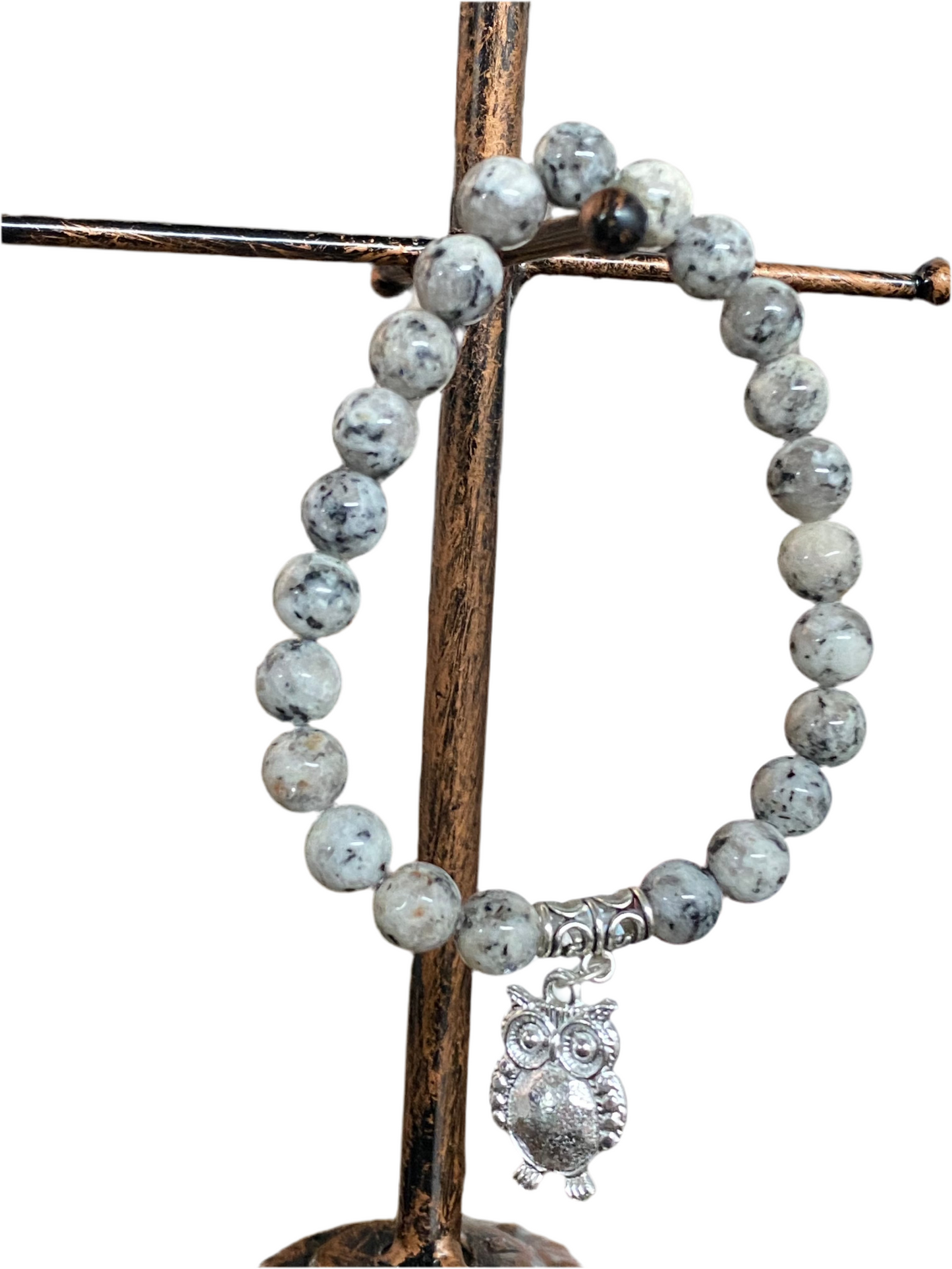 Black Sesame Gemstone Bracelet With Owl Charm