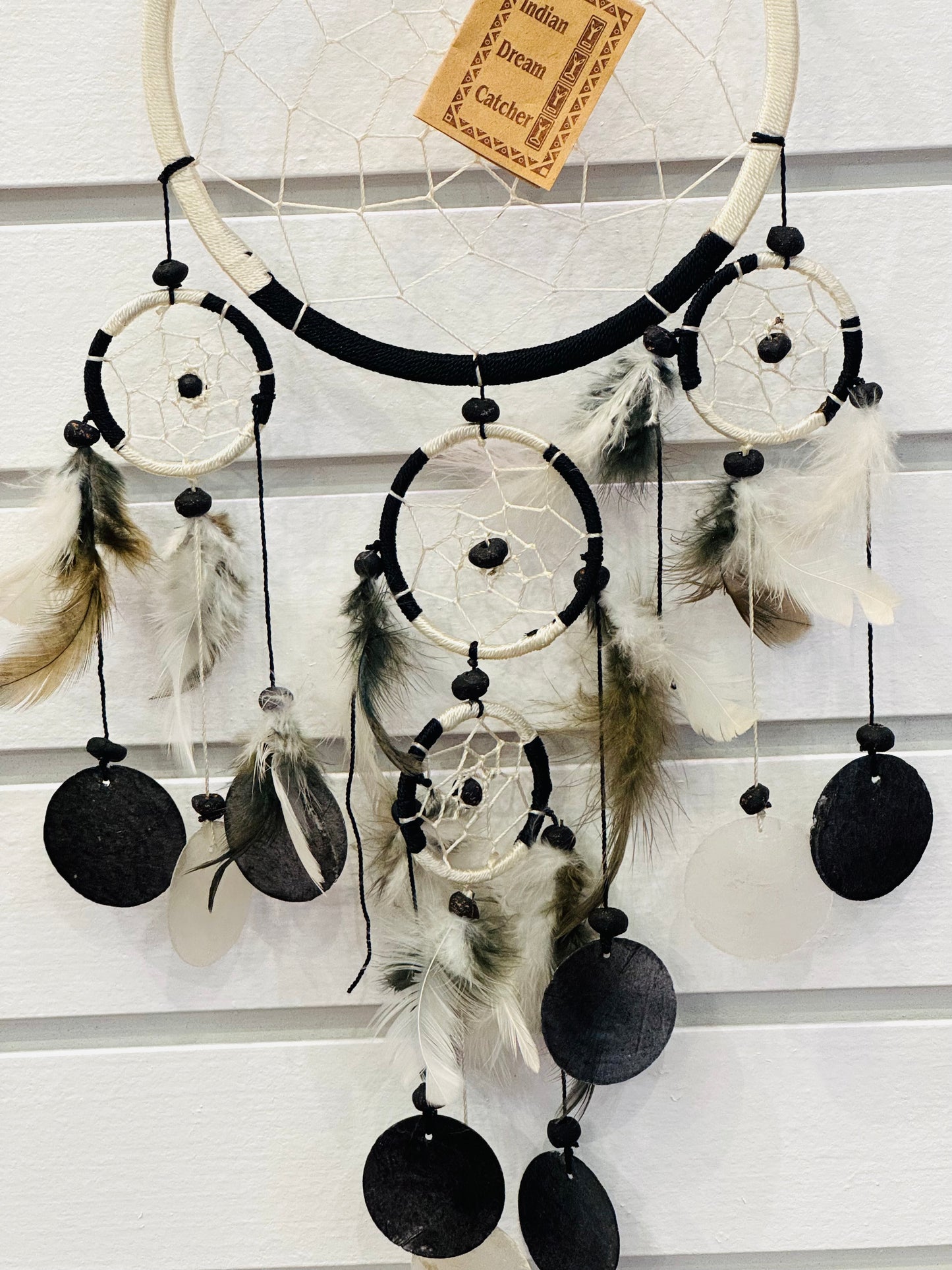 6" Black and White Dream Catcher with Feathers, Capis Shell and Beads