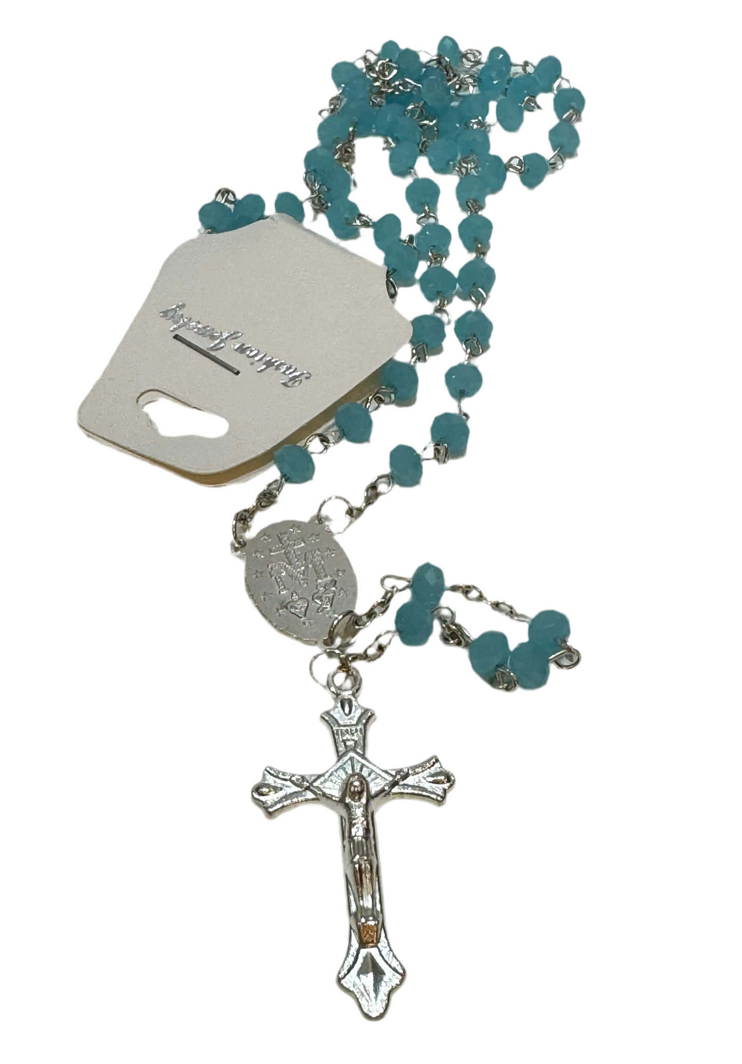 Mi Primero Communion Glass Turquoise Beaded Rosary Jesus Christ On Cross Silver Amulet