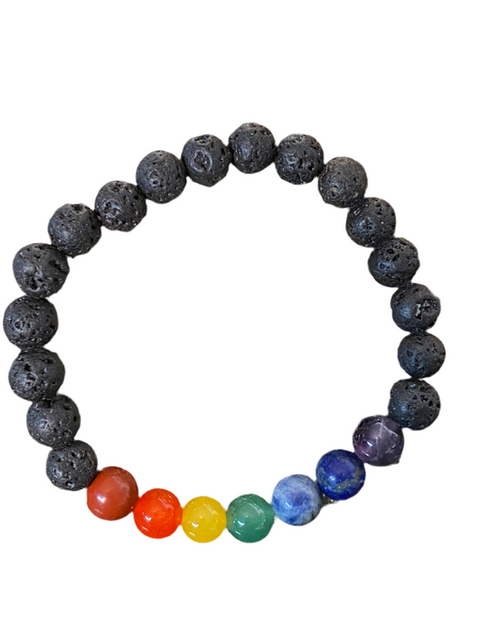 Lava Rock 7 Chakra Beaded String Bracelet with chakra stones and lava beads.