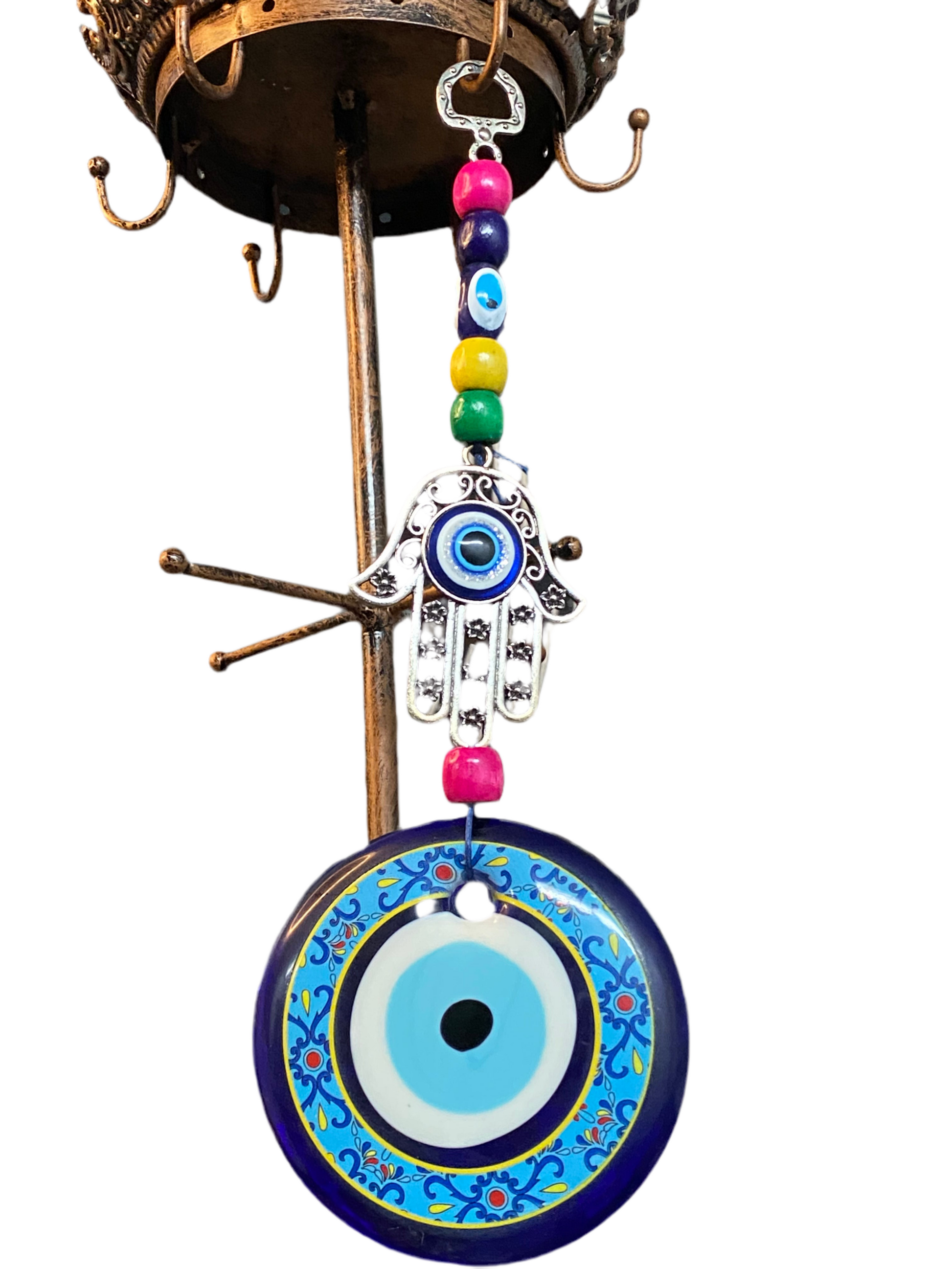 Hamsa with Large Evil Eye Medallion and colorful wooden beads for protection and positivity.