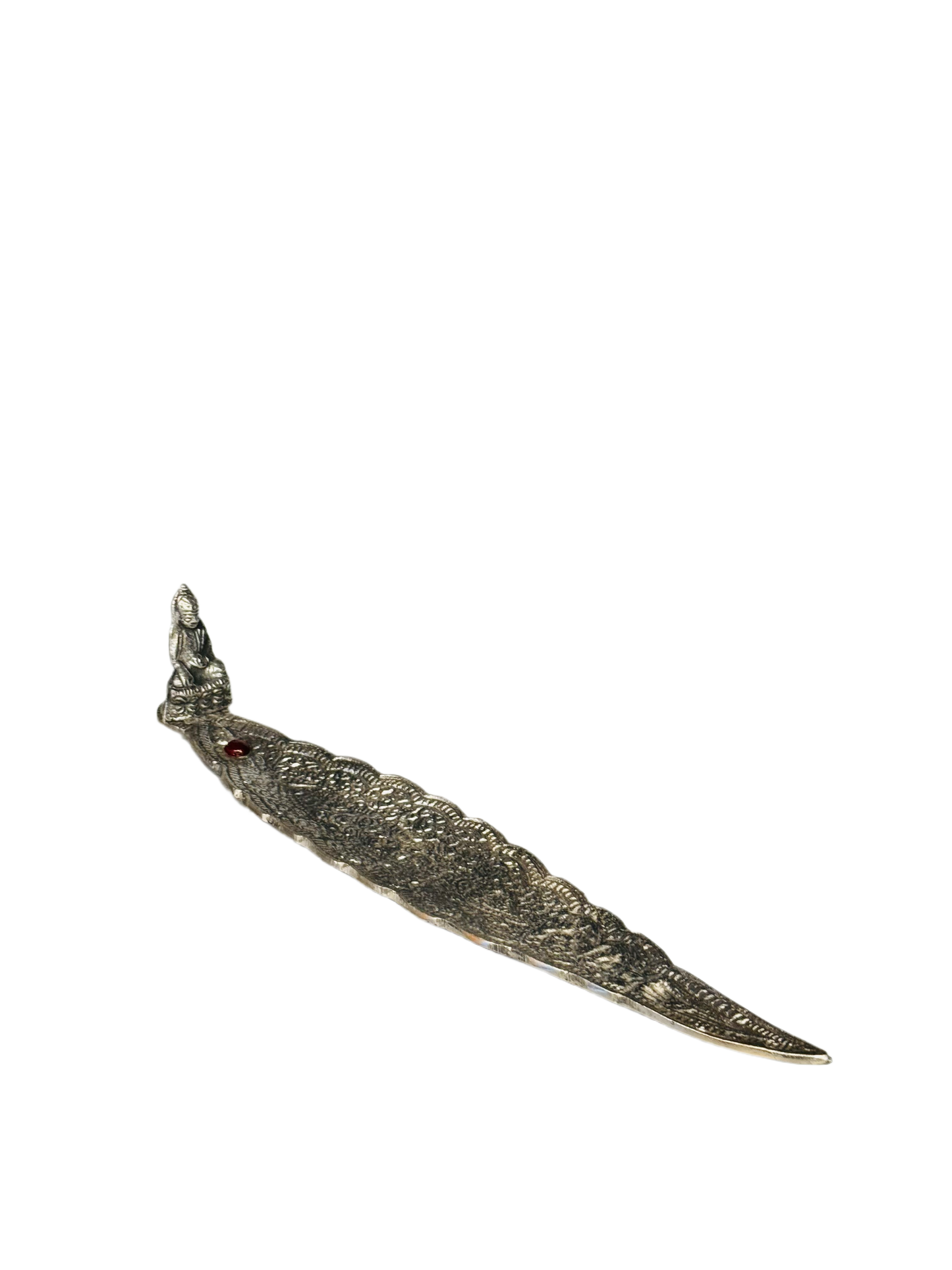 Thai Buddha Silver Aluminum Leaf Incense Stick Holder with Red Stone