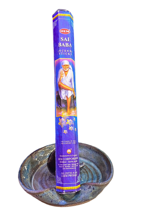HEM Sai Baba Incense Sticks in blue packaging with incense holder.