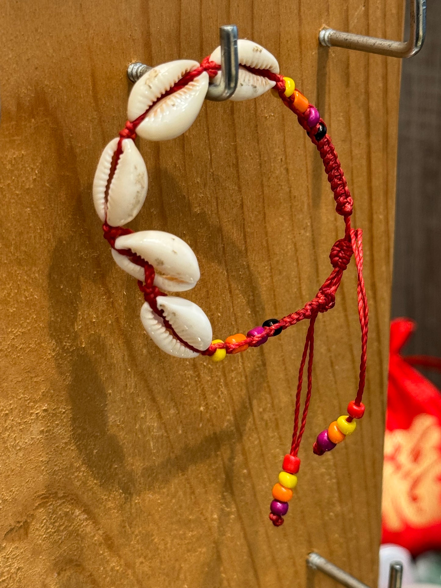 Handmade Deep Red String Bracelet With Cowrie Shells and Beads
