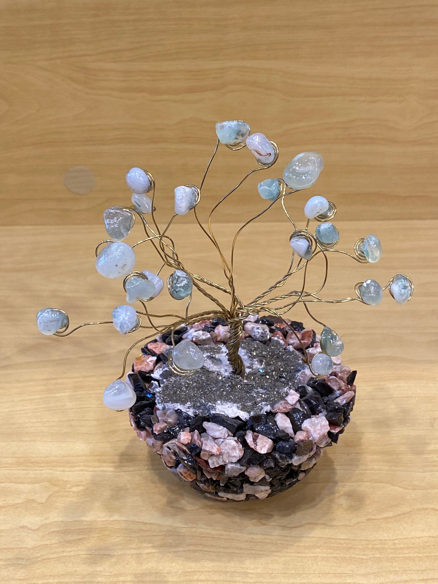 Gemstone Crystal Aquamarine Wire Coil Tree on Pebbles Rock Base