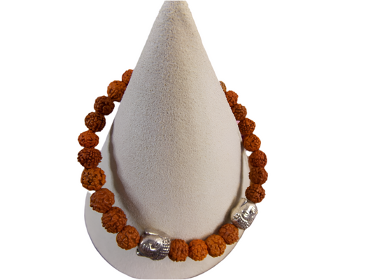 Rudraksha Seed Buddha Charm Bracelet with sacred five-mukhi beads for peace and balance.