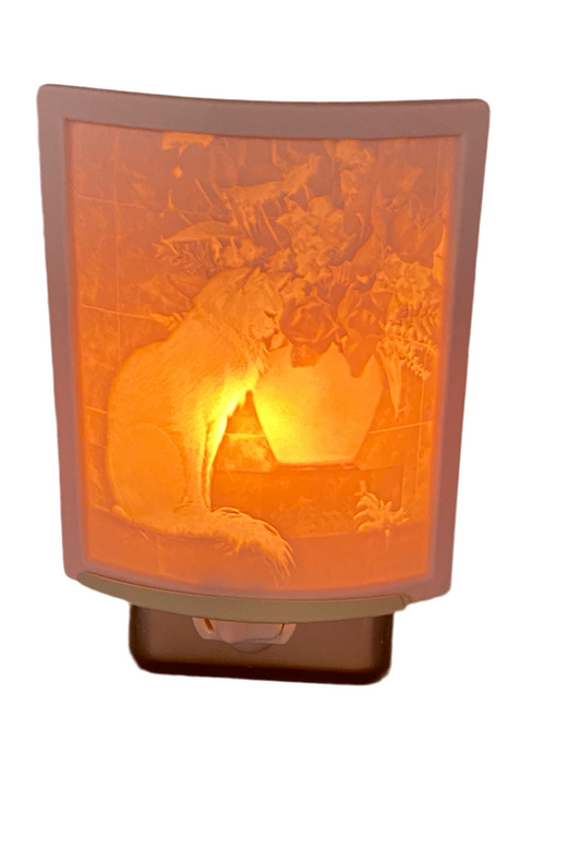 Kitten in the Flower Pot Lithophane Night Light emits a warm glow with intricate porcelain design.