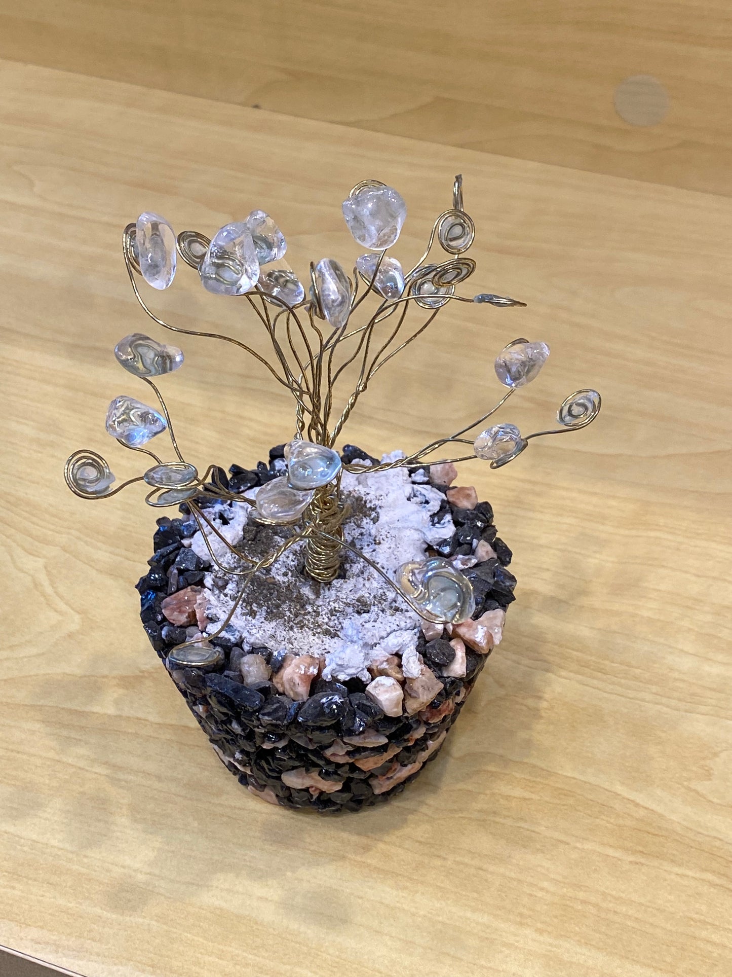 Crystal Clear Quartz Wire Coil Tree on Pebbles Rock Base