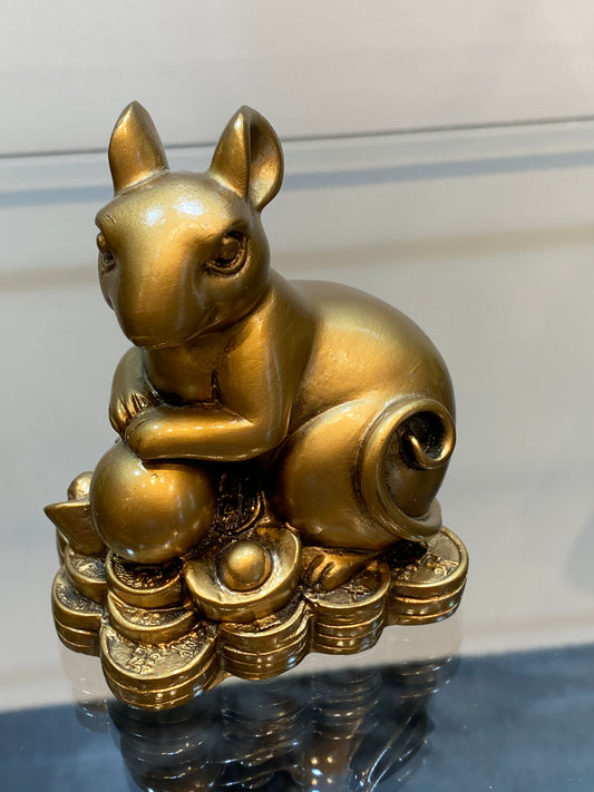 Feng Shui Resin Golden Rat on top of Chinese Coins - “Your Wealth has Arrived”
