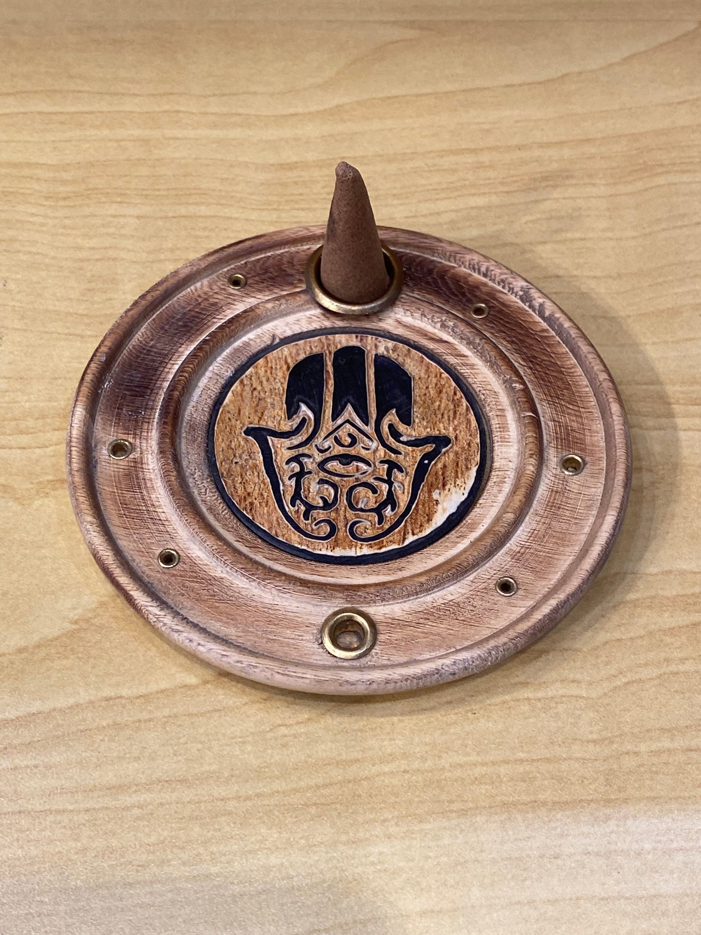 Wood Round Fatima Incense Cone and Stick Burner