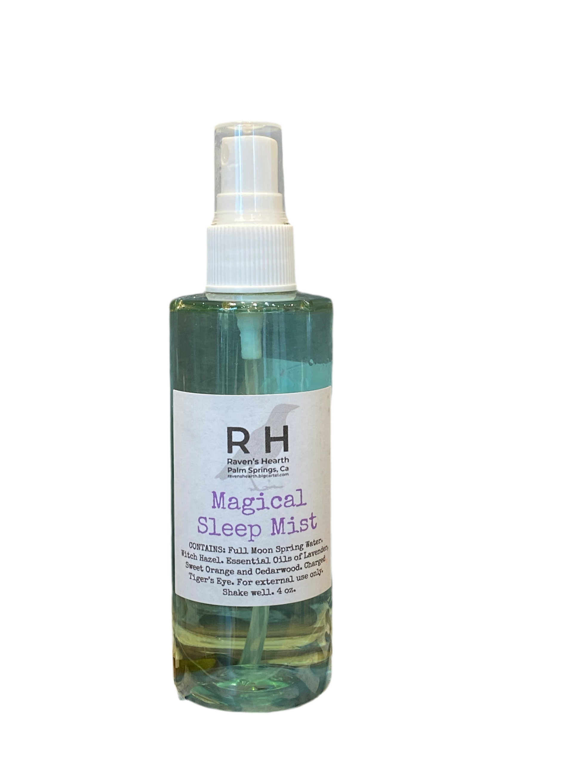 Magical Sleep Mist bottle from Raven's Hearth promotes restful sleep with calming botanicals.