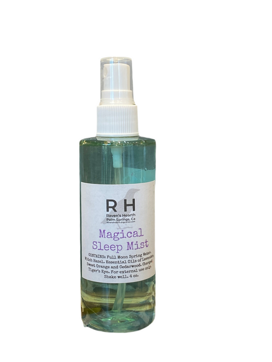 Magical Sleep Mist bottle from Raven's Hearth promotes restful sleep with calming botanicals.