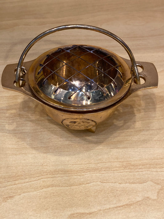 Brass Pentacle Cauldron With Grid Top and Handle