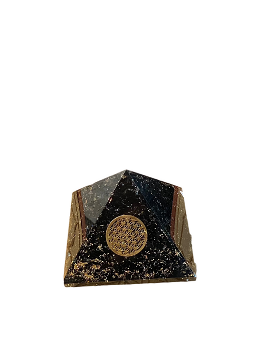 Orgonite Pyramid with Black Tourmaline and Flower of Life Emblem with Gold Dust.