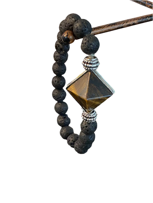Lava Rock Gemstone Bracelet with Tiger Eye Pyramid displaying natural volcanic stones for aromatherapy and style.