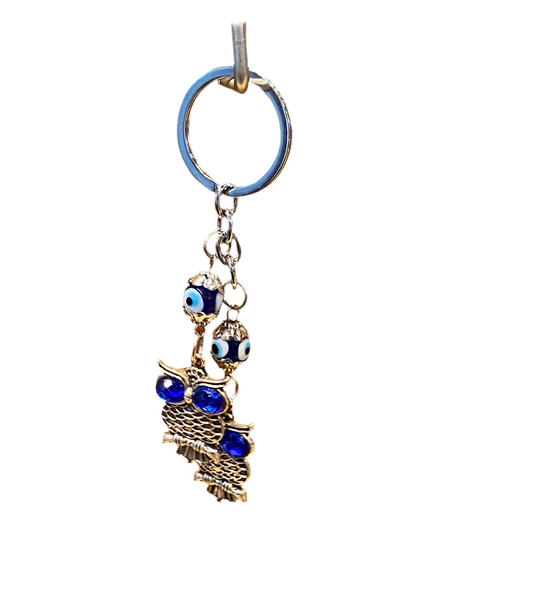 Evil Eye Double Owl Keychain with blue accents for protection and wisdom.