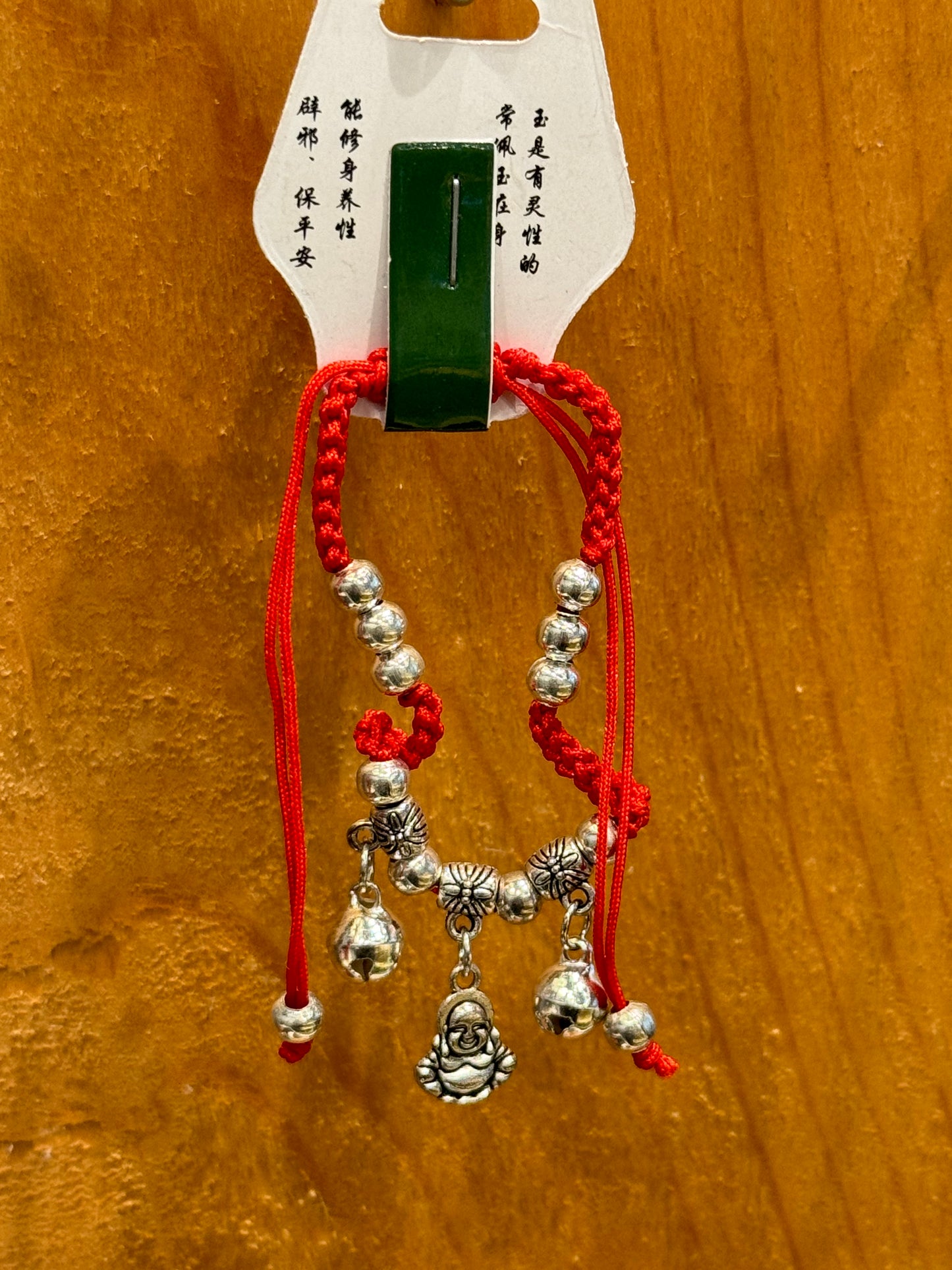 Red String Pull Tie Bracelet Silver Beads, Bells and Double Sided Buddha Charm