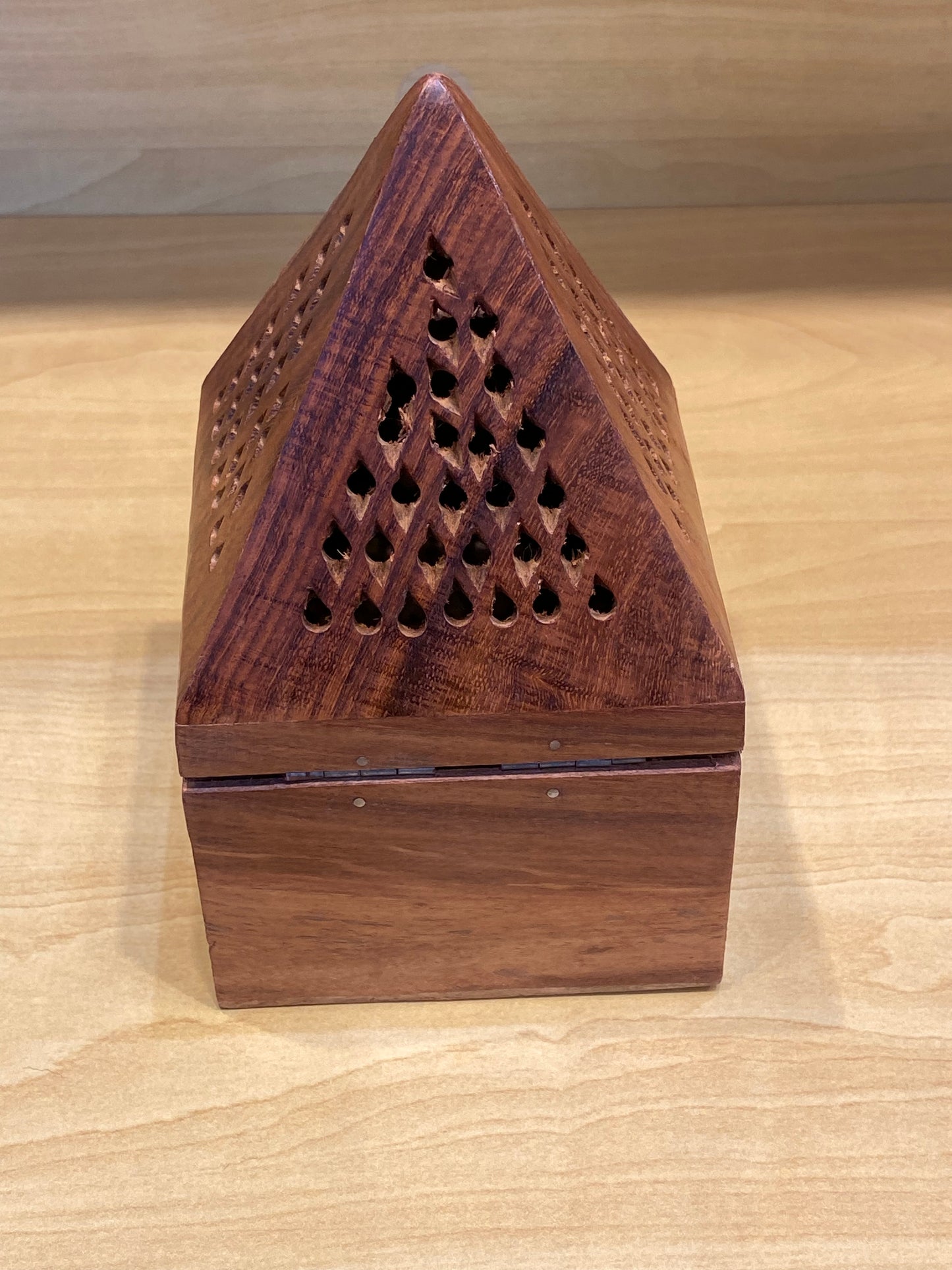 Wooden Pyramid Cone and Charcoal Burner with Storage Net Carving