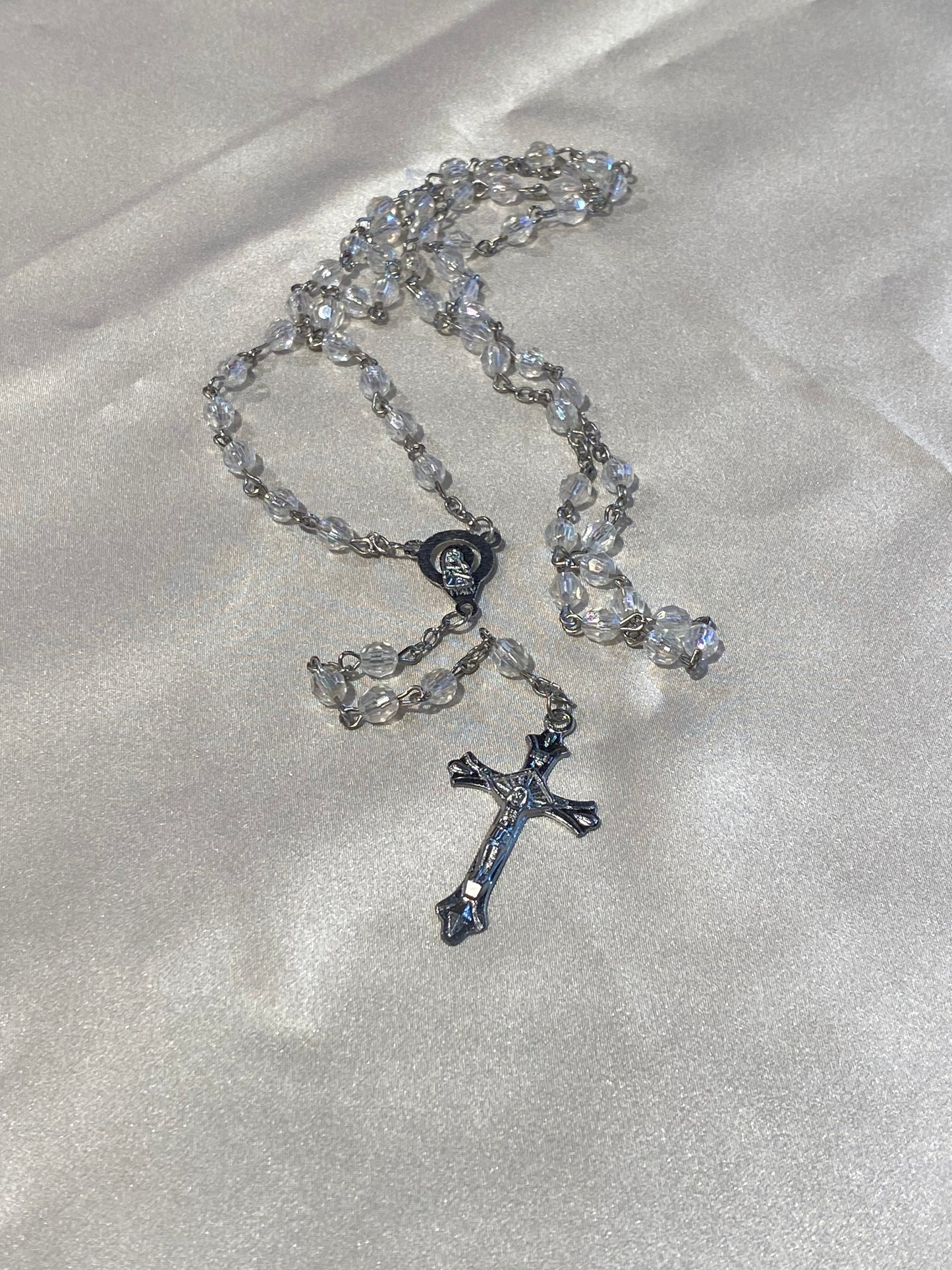 Mi Primero Communion Clear Glass Beaded Rosary Jesus Christ On Cross Silver Amulet