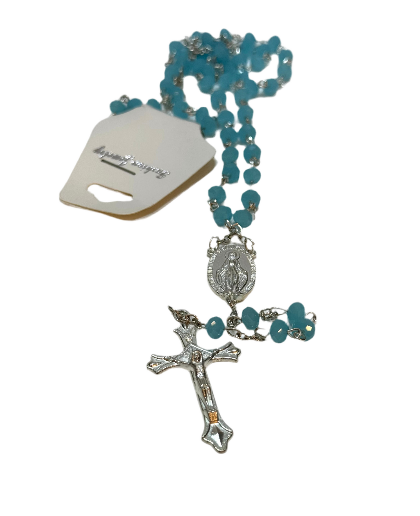 Mi Primero Communion Glass Turquoise Beaded Rosary Jesus Christ On Cross Silver Amulet