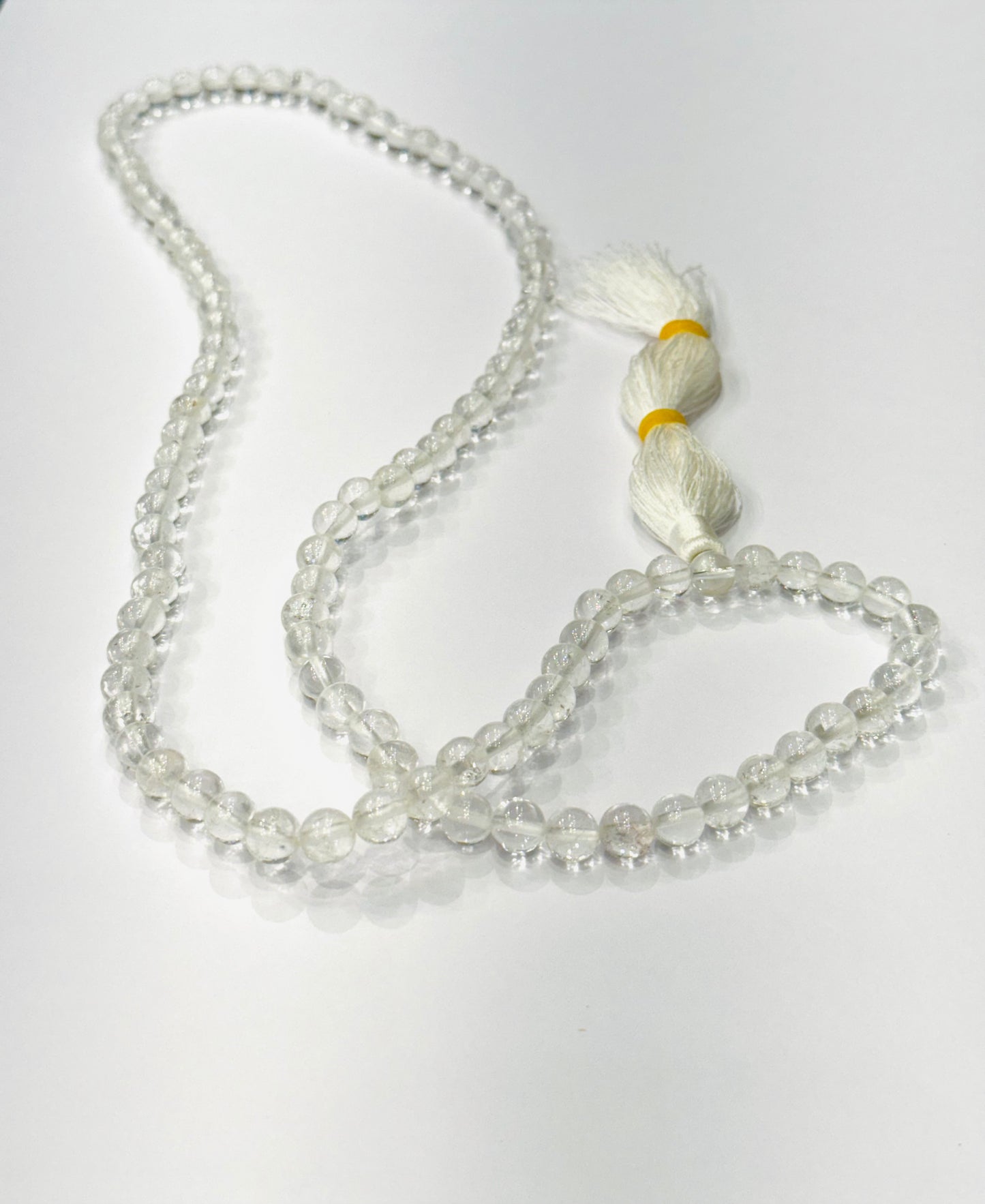 Japamala Genuine Prayer Mala Beads Clear Crystal Quartz with White Tassel