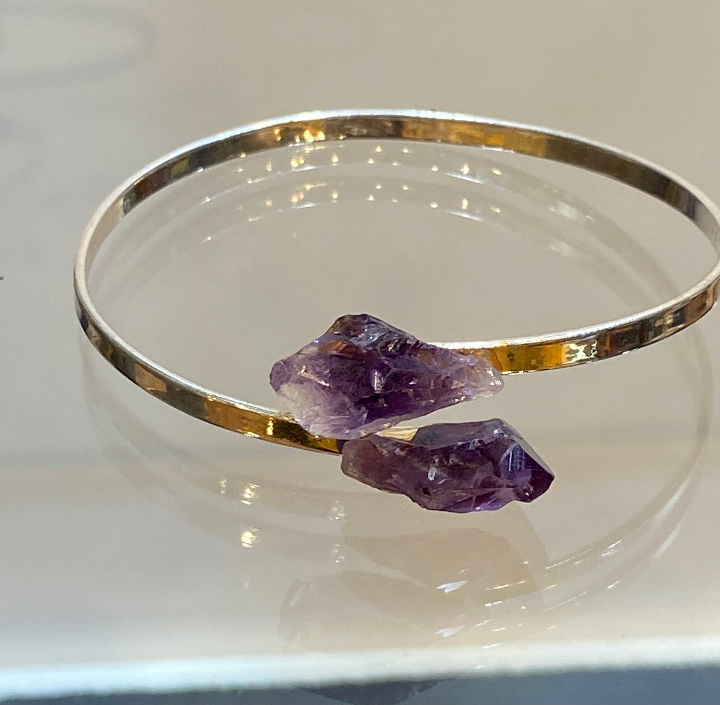 Silver Bracelet Cuff With Two Amethyst Points Crystals