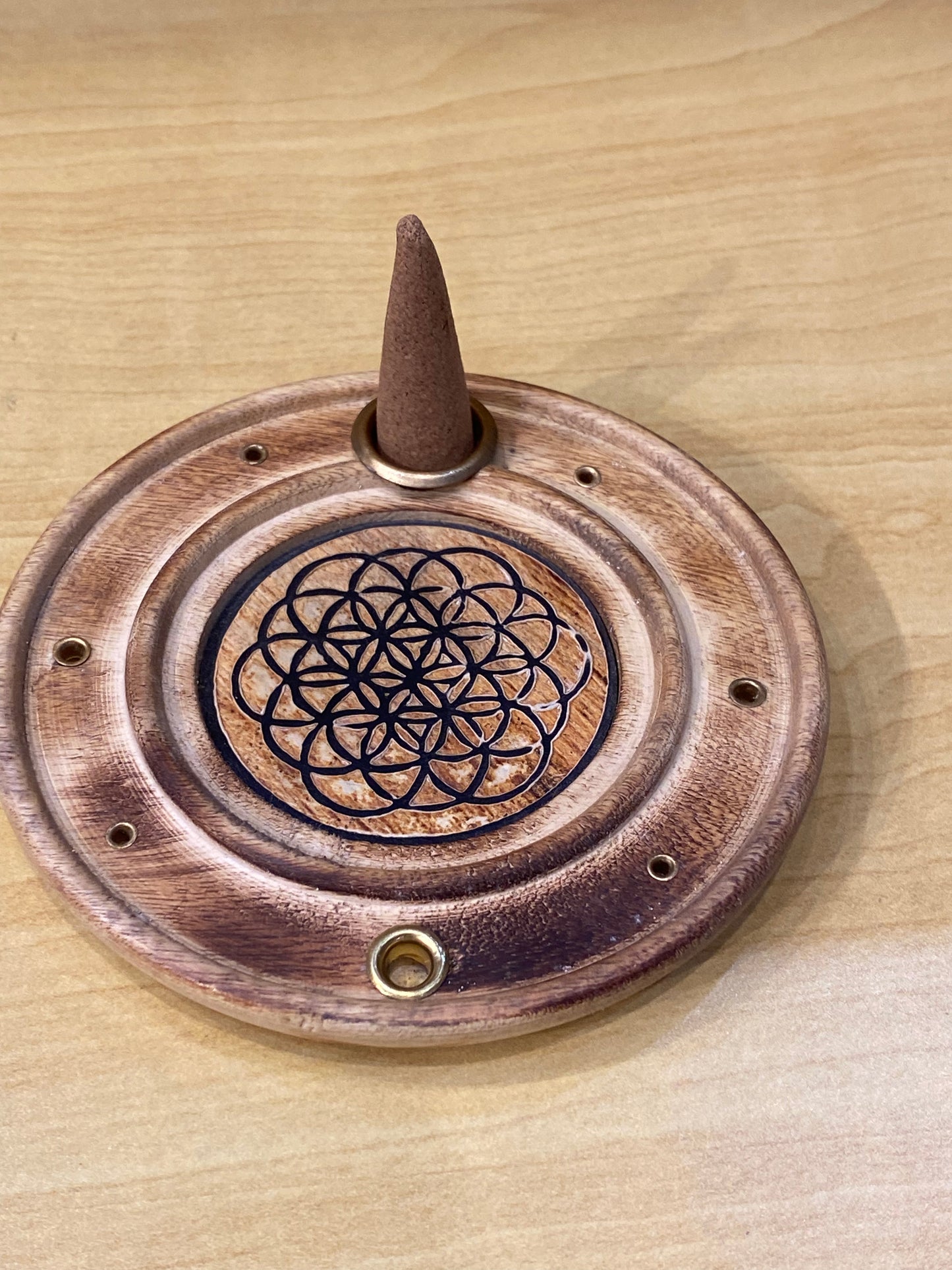 Wood Round Flower Of Life Incense Cone and Stick Burner