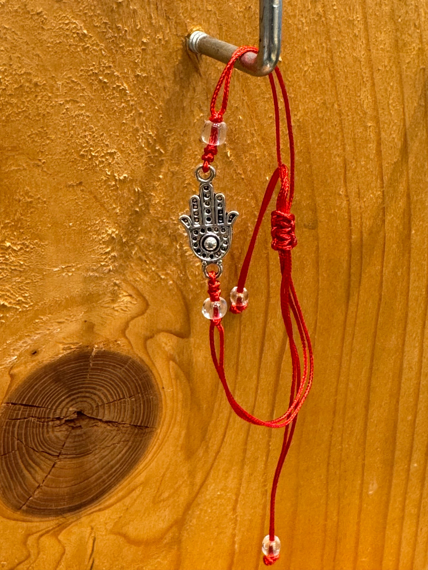 Red String Pull Tie Bracelet Hamsa Charm and Clear Beads