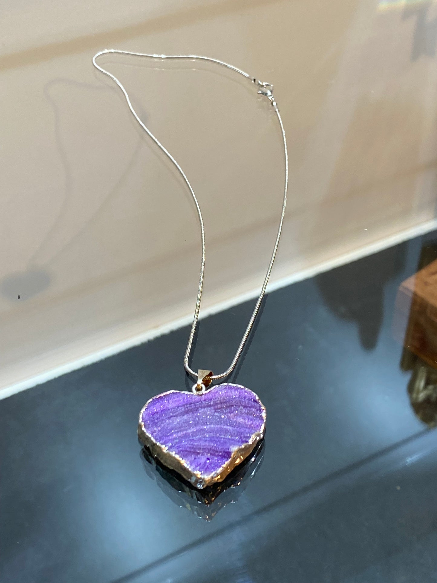 Purple Banded Agate Stone Silver Heart Pendant with Silver Plated Necklace