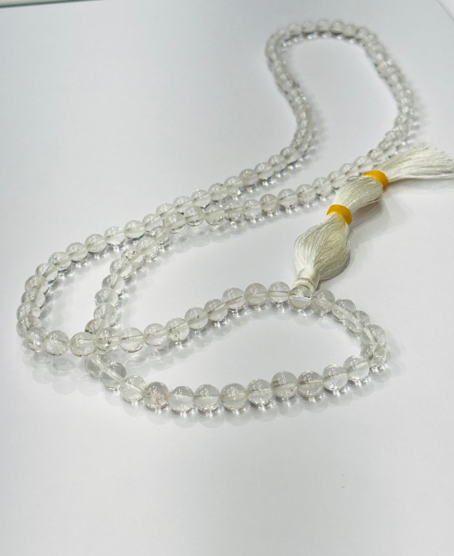 Japamala Genuine Prayer Mala Beads Clear Crystal Quartz with White Tassel