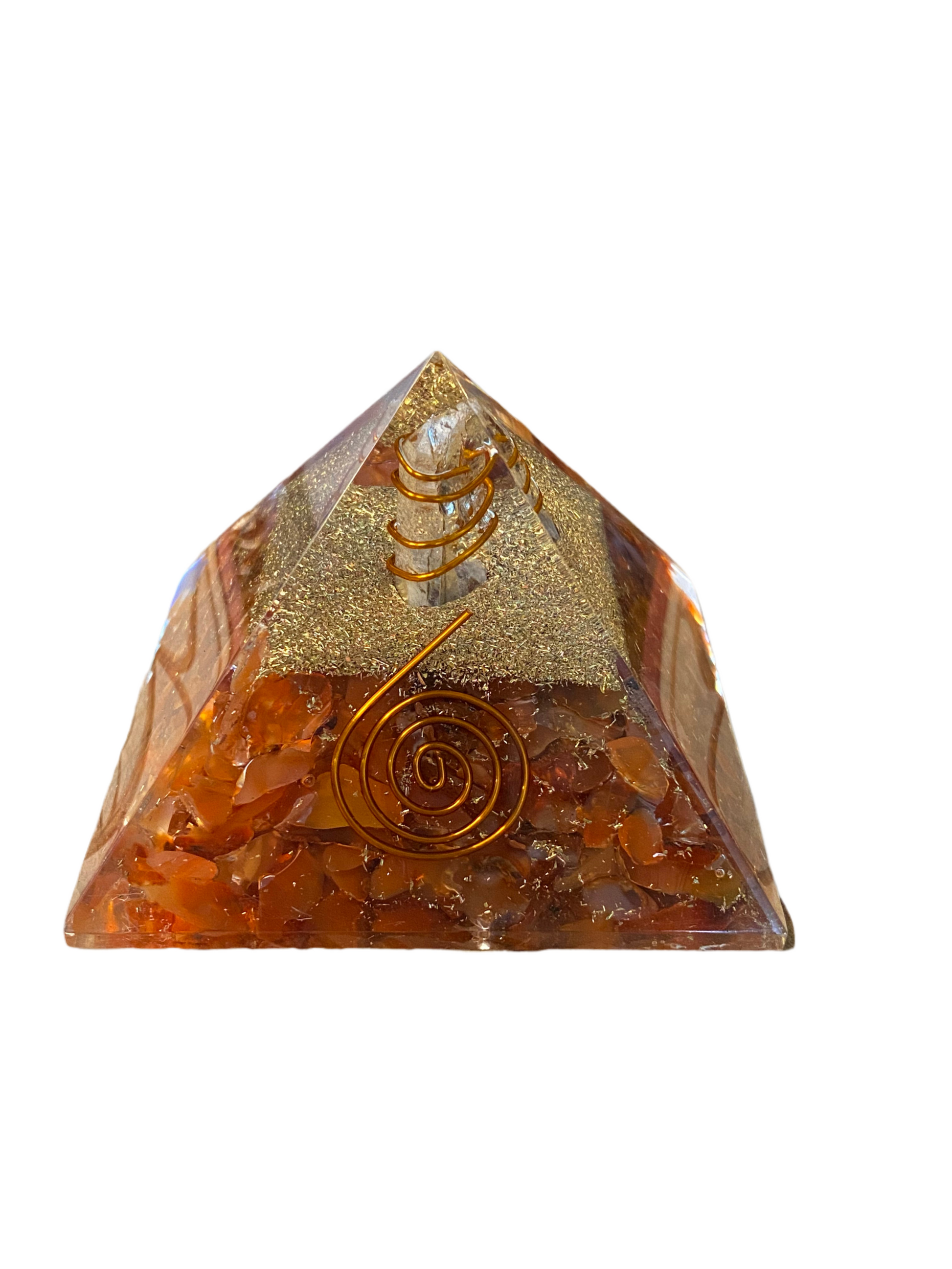 Carnelian Orgonite Pyramid with Clear Quartz, Gold Dust, and Reiki Swirl.