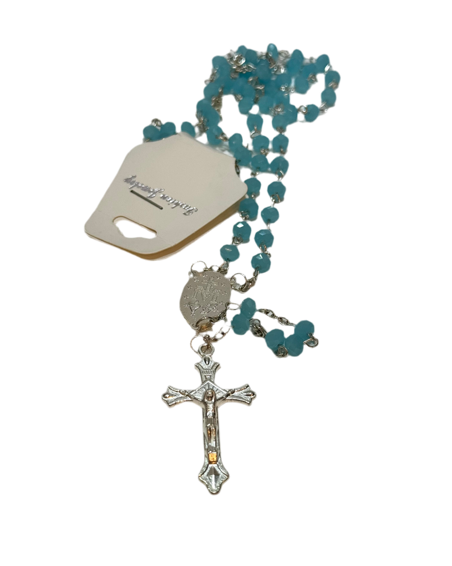 Mi Primero Communion Glass Turquoise Beaded Rosary Jesus Christ On Cross Silver Amulet