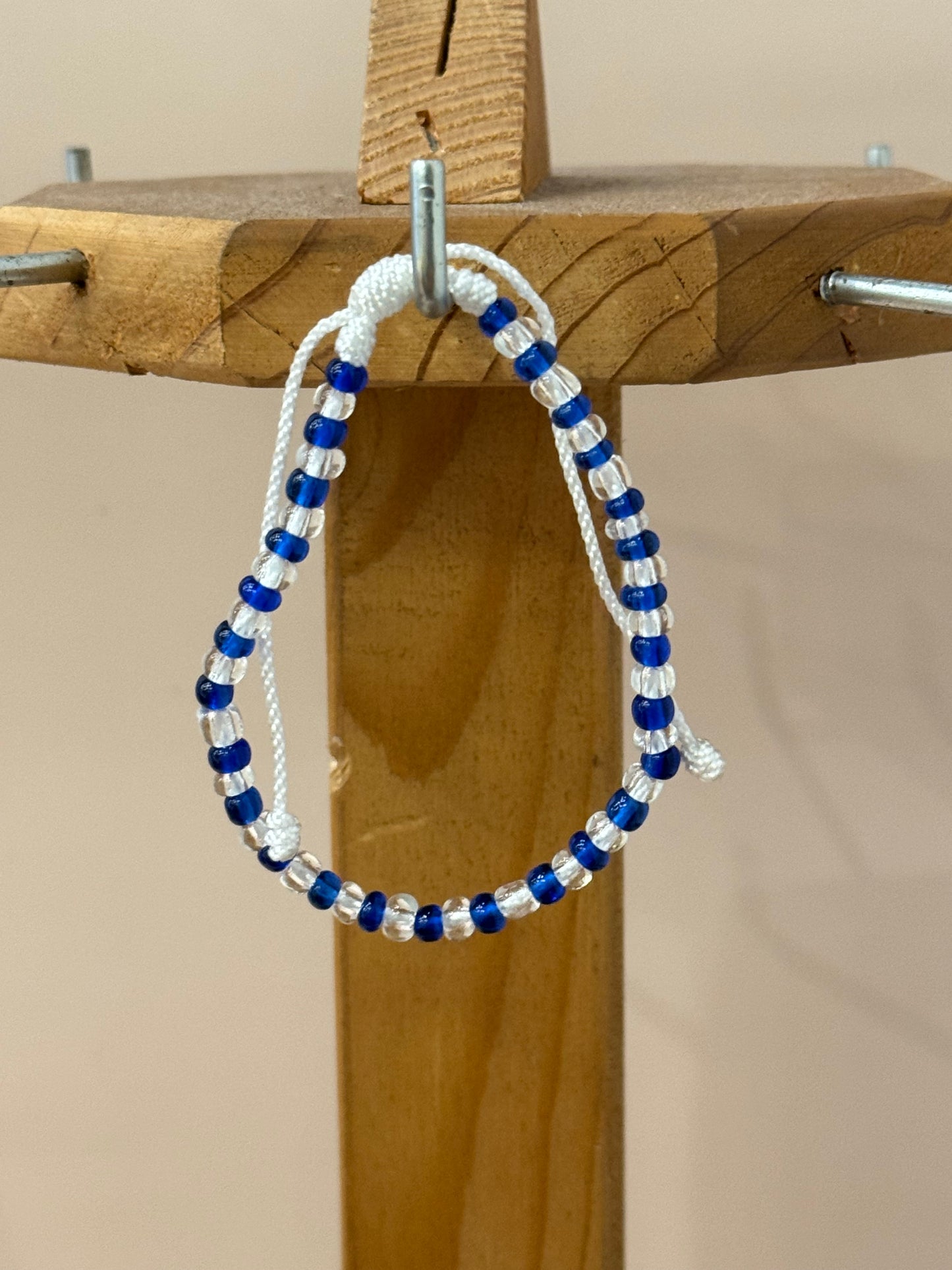 Handmade Beaded String Blue and Clear Orisha Yemaya White Pull Tie Bracelet