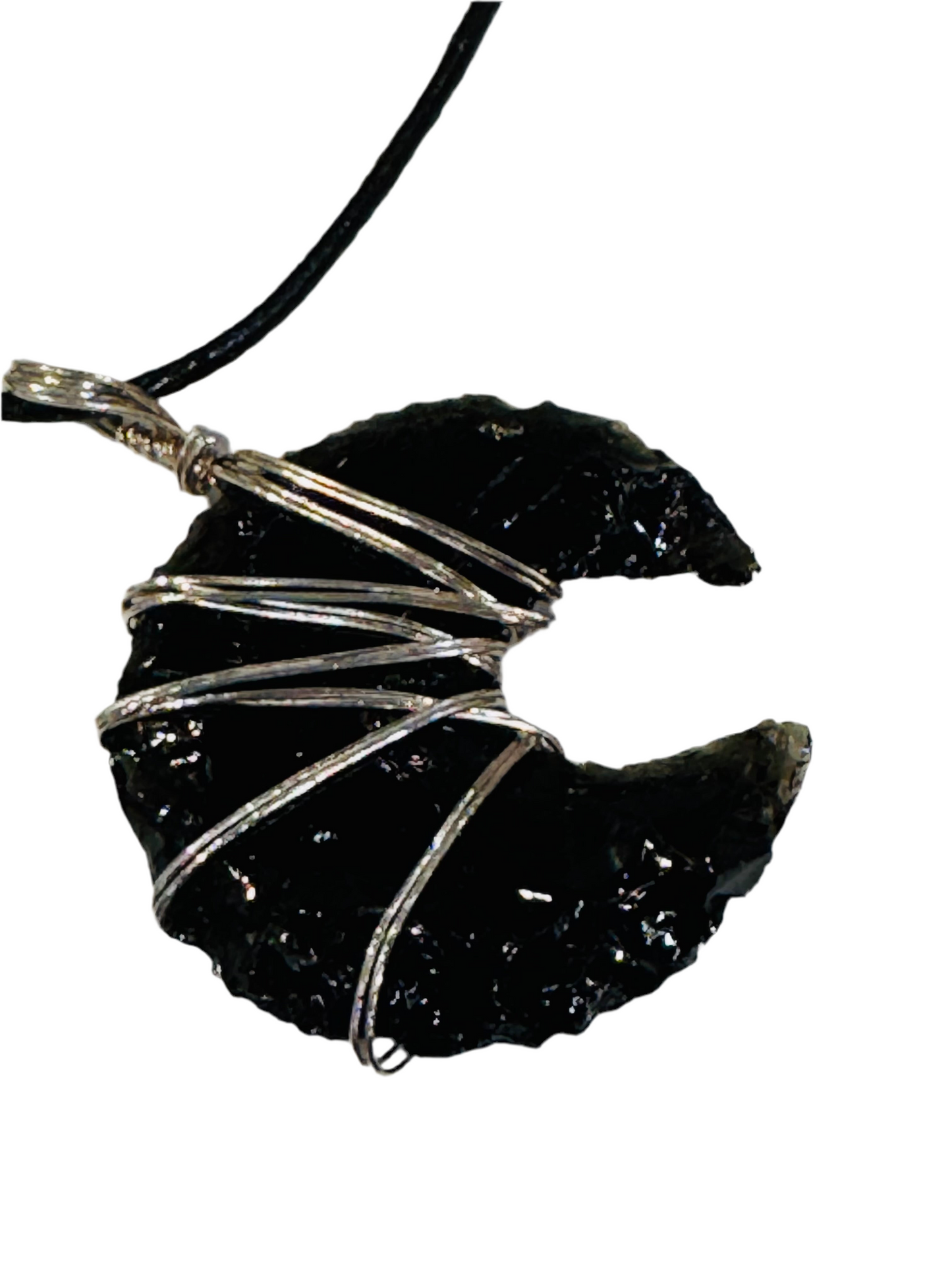 Black Obsidian Crescent Moon Pendant Hand Carved Wire Wrapped with Black Adjustable Cord Necklace