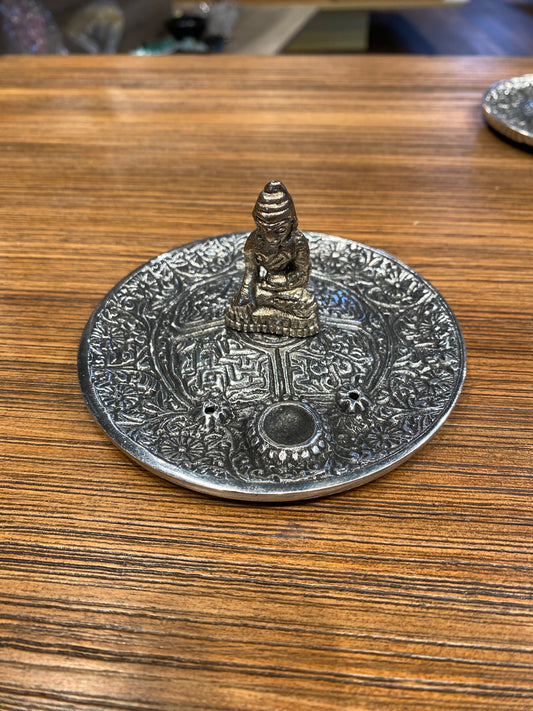 Buddha Silver Metal Incense Double Stick and Cone Holder