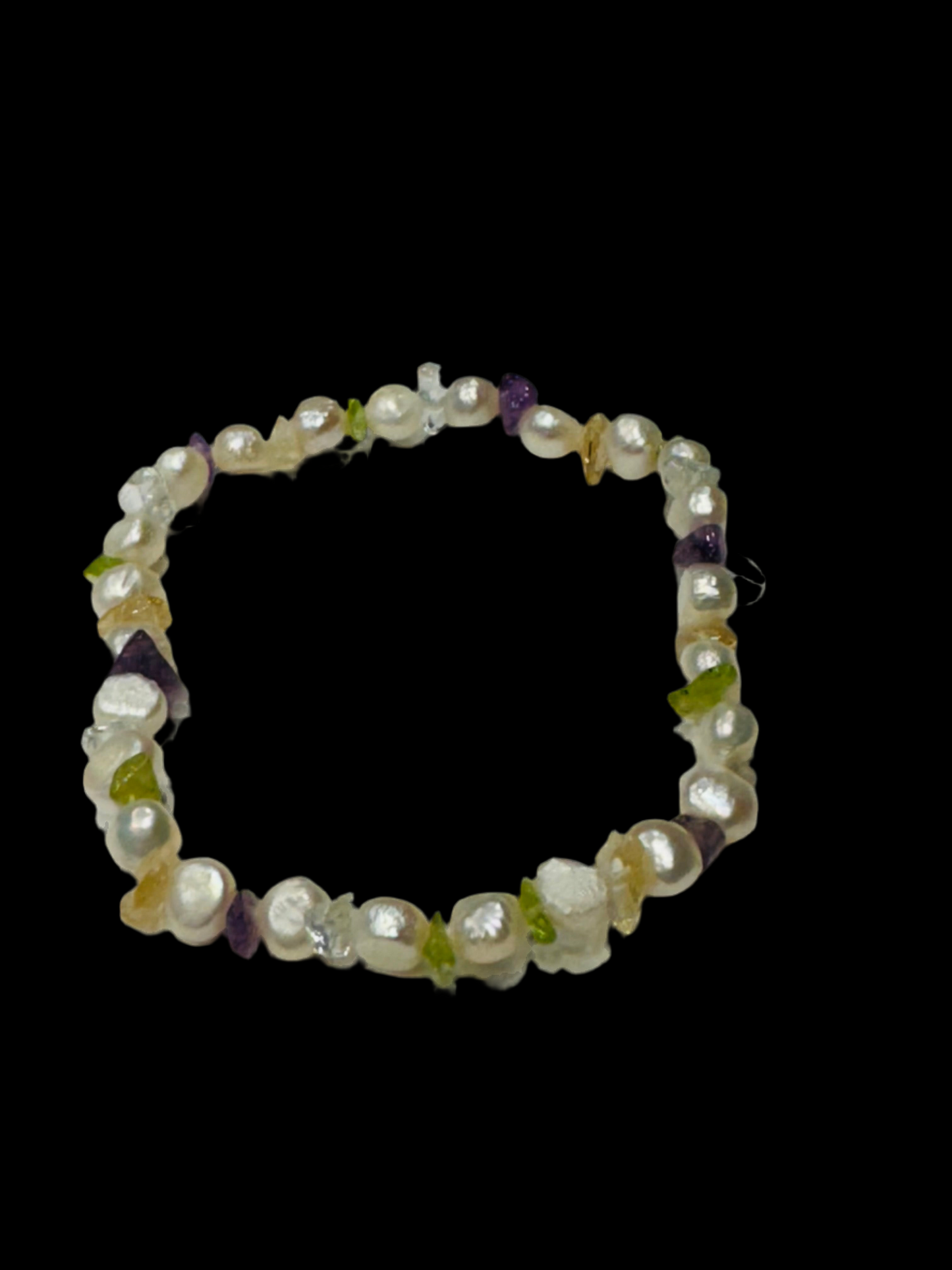 White Beaded Pearl, Amethyst, Citrine and Peridot Chips Stretch Bracelet