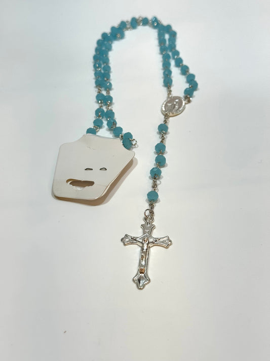 Mi Primero Communion Glass Turquoise Beaded Rosary Jesus Christ On Cross Silver Amulet