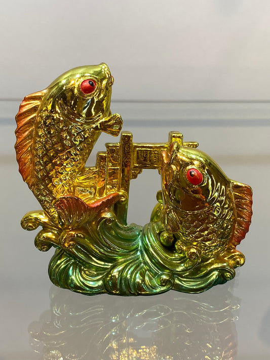 Feng Shui Golden Color Good Luck Two Fish jumping over the Water