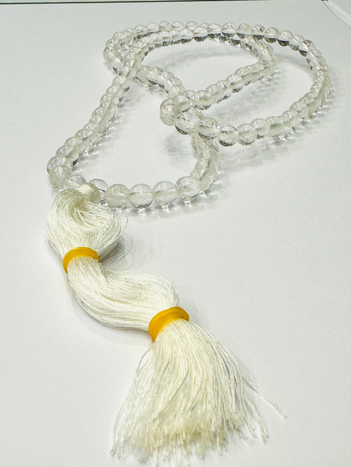 Japamala Genuine Prayer Mala Beads Clear Crystal Quartz with White Tassel